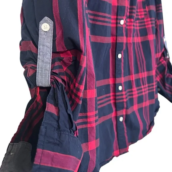 TOMMY HILFIGER ROLL-TAB PLAID UTILITY SHIRT Red/Blue Women’s Size Large - Picture 2 of 6